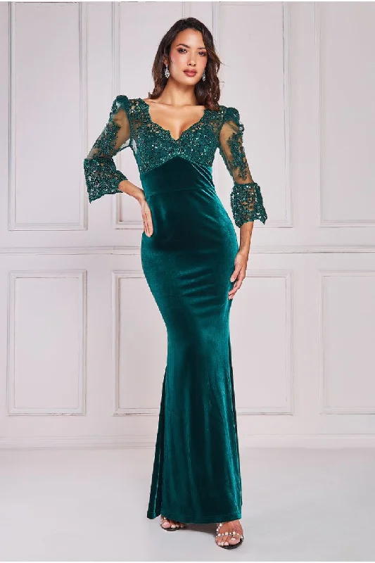 Sheer maxi dresses with lace overlays for a romantic touchGoddiva Scalloped Lace & Velvet Maxi Dress - Emerald Green Sheer maxi dresses with lace overlays for a romantic touchGoddiva Scalloped Lace & Velvet Maxi Dress - Emerald Green