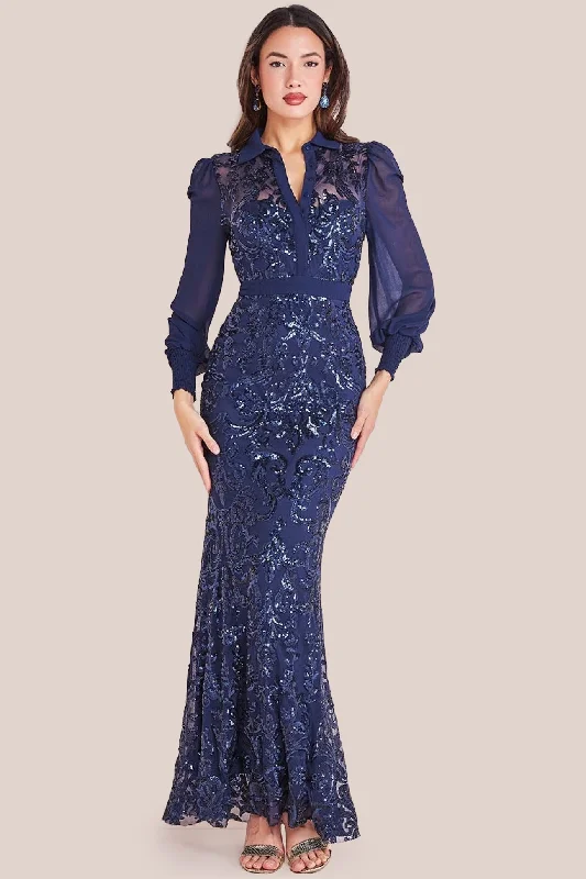 Sequined maxi dresses for formal evening galasGoddiva Sequin Mesh Shirt Maxi Chiffon Sleeves - Navy Sequined maxi dresses for formal evening galasGoddiva Sequin Mesh Shirt Maxi Chiffon Sleeves - Navy