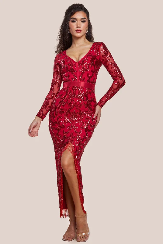 Strapless maxi dresses for a beachside vacationGoddiva Tassel & Sequin Maxi With Front Split - Red Strapless maxi dresses for a beachside vacationGoddiva Tassel & Sequin Maxi With Front Split - Red