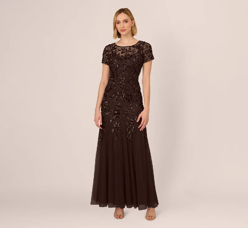 Maxi dresses with pom - pom trims for a playful and festive lookHand Beaded Short Sleeve Floral Godet Gown In Chocolate Maxi dresses with pom - pom trims for a playful and festive lookHand Beaded Short Sleeve Floral Godet Gown In Chocolate