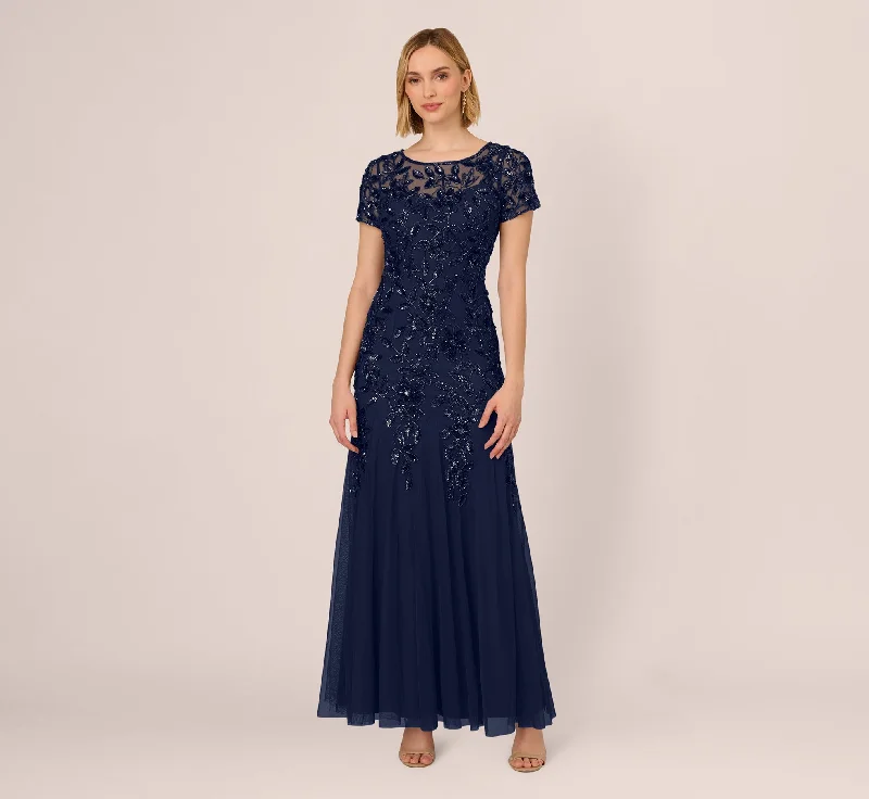 Maxi dresses with geometric prints for a contemporary aestheticHand Beaded Short Sleeve Floral Godet Gown In Light Navy Maxi dresses with geometric prints for a contemporary aestheticHand Beaded Short Sleeve Floral Godet Gown In Light Navy