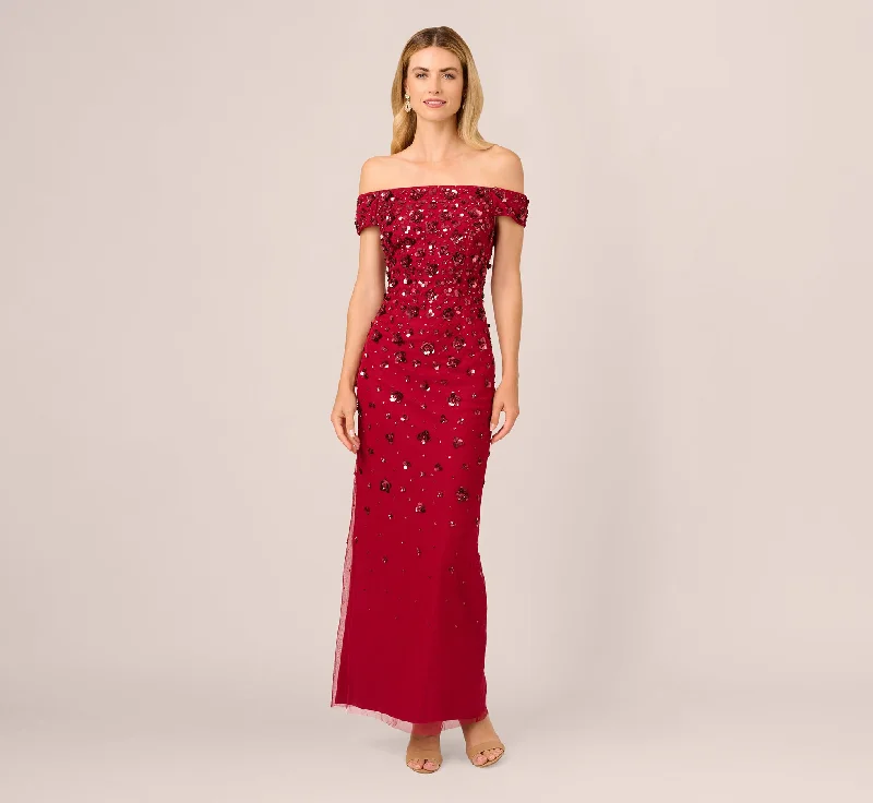 Maxi dresses with a ruffled neckline for a charming lookOff Shoulder Dress With Floral Embellishment In Cranberry Maxi dresses with a ruffled neckline for a charming lookOff Shoulder Dress With Floral Embellishment In Cranberry