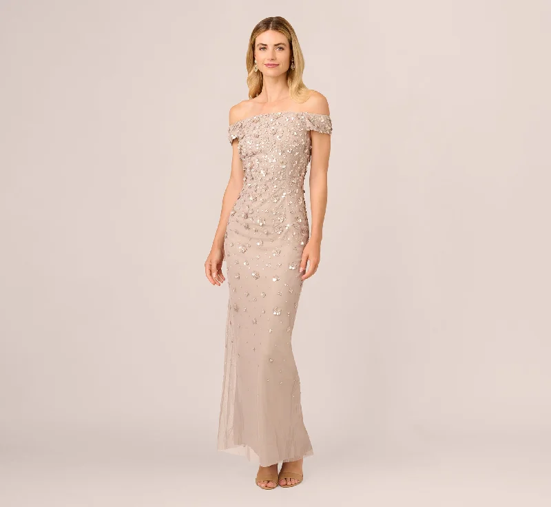 Maxi dresses with cold - shoulder cutouts for a trendy lookOff Shoulder Dress With Floral Embellishment In Marble Maxi dresses with cold - shoulder cutouts for a trendy lookOff Shoulder Dress With Floral Embellishment In Marble