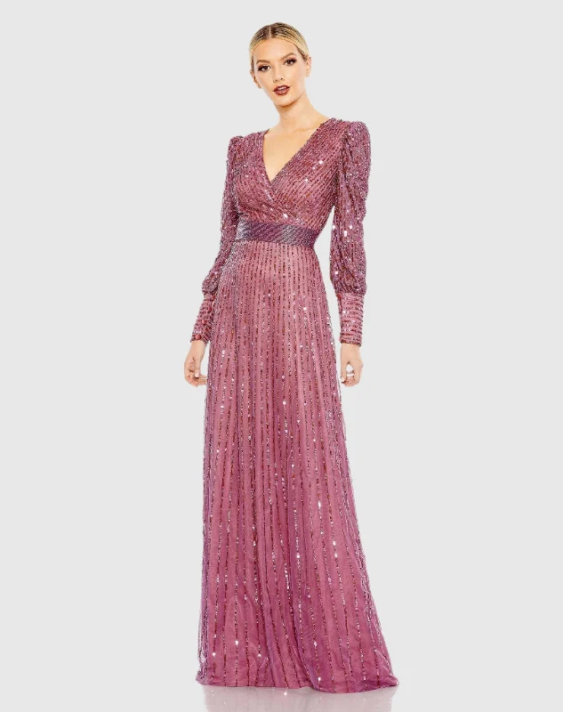 Maxi dresses with a wrap - around style for a customizable fitPurple Sequined Wrap Over Bishop Sleeve Gown Maxi dresses with a wrap - around style for a customizable fitPurple Sequined Wrap Over Bishop Sleeve Gown