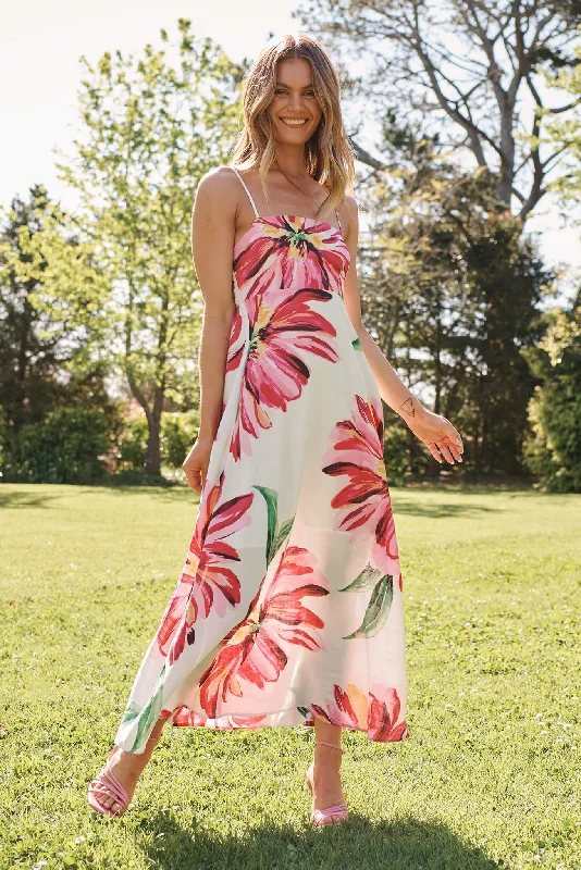 Satin maxi dresses with a high - low hem for a modern twistWilla Maxi Sundress In White With Pink Floral Satin maxi dresses with a high - low hem for a modern twistWilla Maxi Sundress In White With Pink Floral