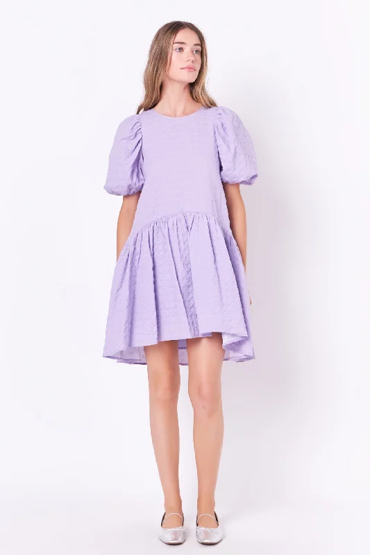Mini dresses with V - necklines for a flattering shapeBack Tie Jacquard Puff Dress
