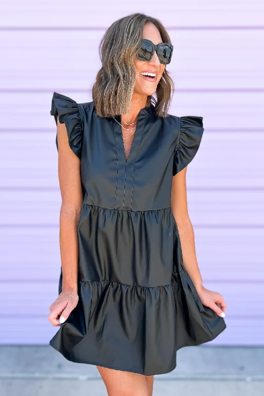 Mini dresses with ruched bodices for a feminine touchBlack Faux Leather V Neck Ruffle Sleeve Tiered Dress Mini dresses with ruched bodices for a feminine touchBlack Faux Leather V Neck Ruffle Sleeve Tiered Dress