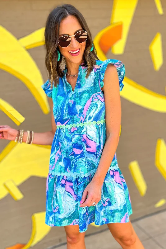 Mini dresses with gathered skirts for a voluminous effectBlue Swirl V Neck Flutter Sleeve Tiered Dress Mini dresses with gathered skirts for a voluminous effectBlue Swirl V Neck Flutter Sleeve Tiered Dress
