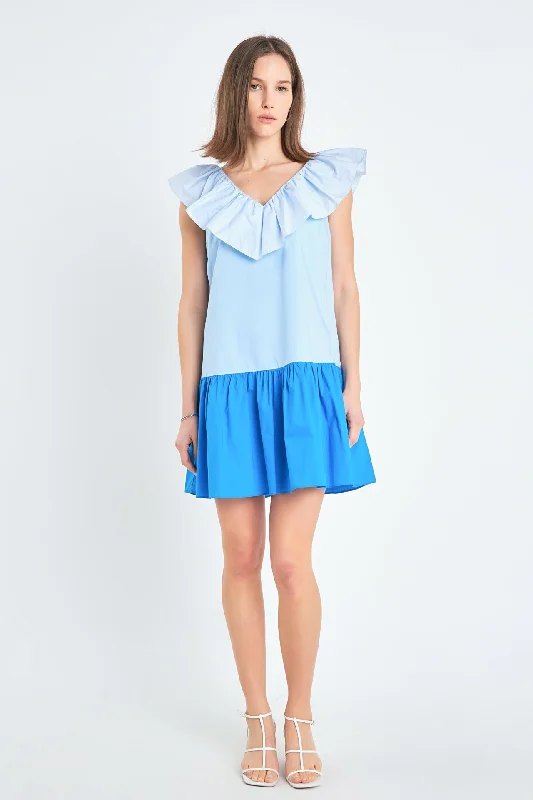 Strapless mini dresses for a beach vacationColorblock Ruffled Shift Dress
