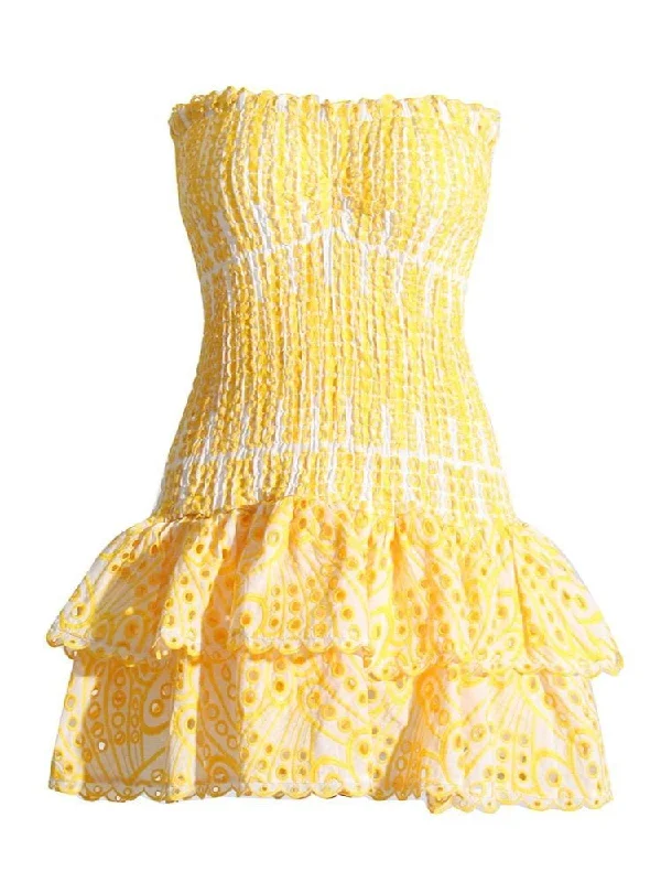 Mini dresses with fringe for a bohemian styleCora Strapless Print Mini Dress - Yellow Mini dresses with fringe for a bohemian styleCora Strapless Print Mini Dress - Yellow