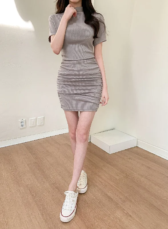 Leather mini dresses for a edgy styleHalf Turtleneck Shirring Mini Dress L1002