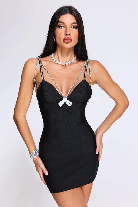 Mini dresses with cold - shoulder designs"Ines" Sexy Crystal Studded Mini Black Bandage Dress Mini dresses with cold - shoulder designs"Ines" Sexy Crystal Studded Mini Black Bandage Dress