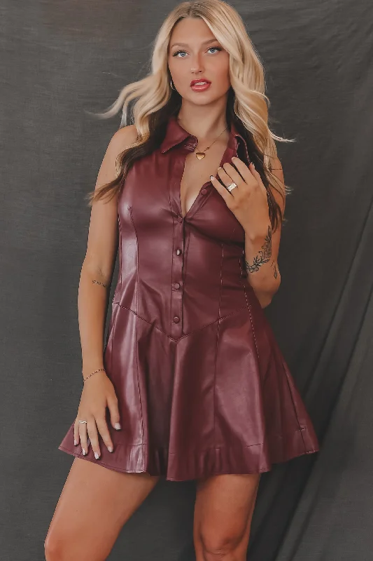 Sheer mini dresses with lace insertsPretty Sassy Faux Leather Flare Shirt Dress