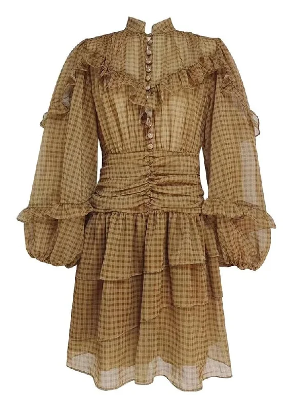 Plaid mini dresses for fall fashionMika Long Sleeve Mini Dress - Peanut Tan