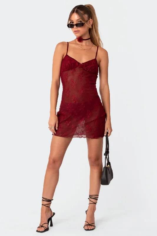Mini dresses with ribbed textures for a unique appearanceMadame Sheer Lace Mini Dress Mini dresses with ribbed textures for a unique appearanceMadame Sheer Lace Mini Dress