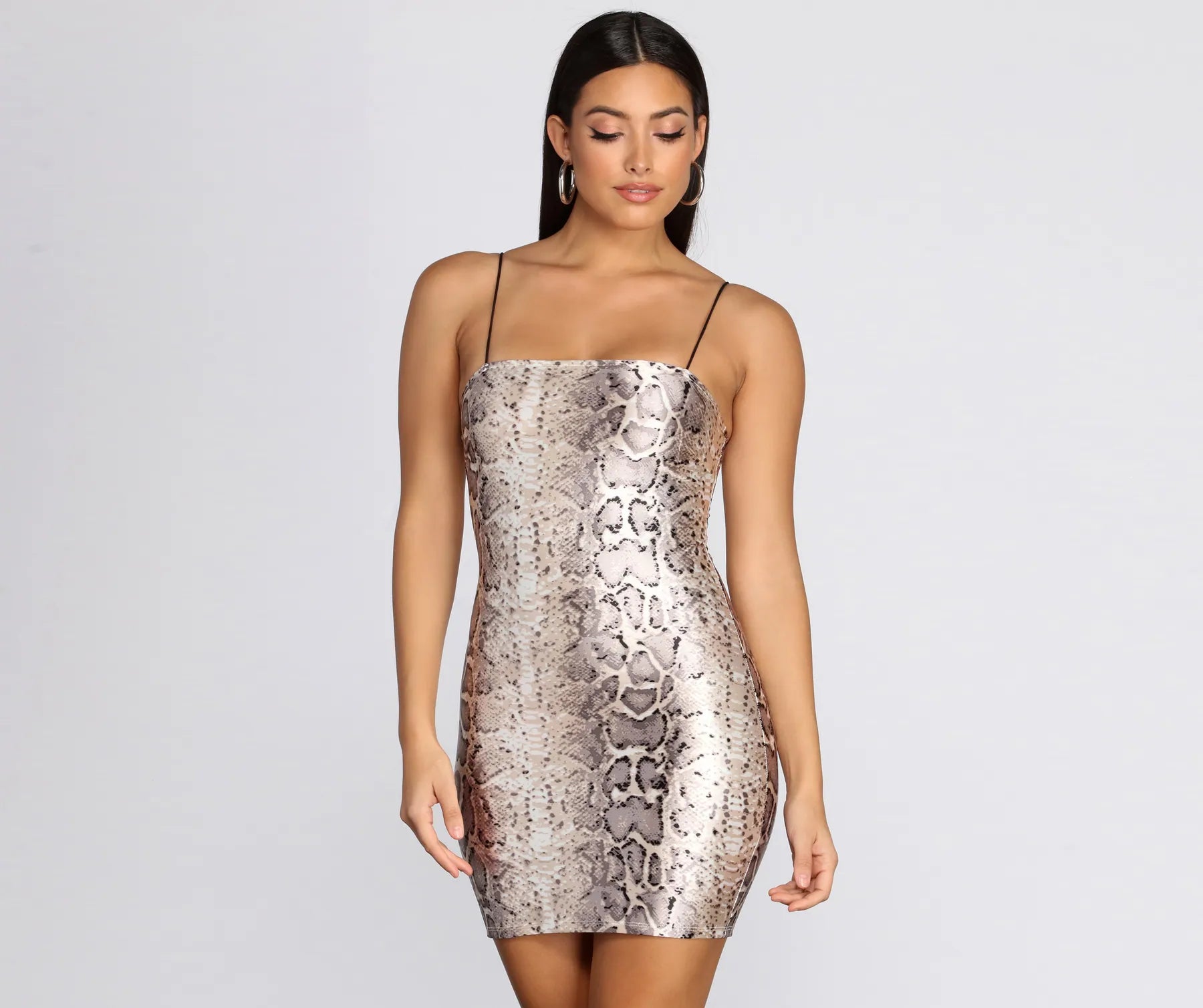 Mini dresses with cut - out details for a trendy lookSatin Snake Print Mini Dress