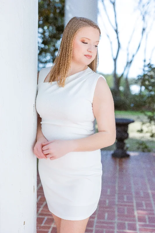 Linen mini dresses for a breathable summer optionSleeveless Asymmetrical Neck Knit White Mini Bridal Dress by She + Sky Linen mini dresses for a breathable summer optionSleeveless Asymmetrical Neck Knit White Mini Bridal Dress by She + Sky