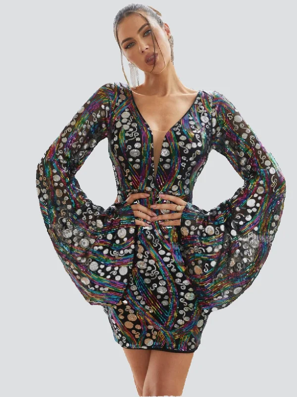 Ruffled mini dresses for a romantic touchV-Neck Flared Sleeve Multicolor Sequin Mini Dress XJ1936 Ruffled mini dresses for a romantic touchV-Neck Flared Sleeve Multicolor Sequin Mini Dress XJ1936