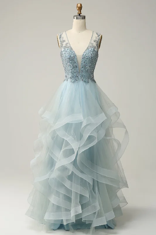Mini cocktail dresses with a glittery finish for a party - ready styleA Line Deep V Neck Light Blue Long Prom Dress with Appliques