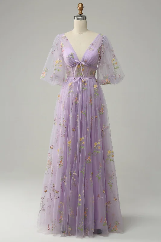 Cocktail dresses with a patchwork pattern and a mid - thigh lengthA-Line V-Neck Embroidery Lavender Long Prom Dress with Short Sleeves Cocktail dresses with a patchwork pattern and a mid - thigh lengthA-Line V-Neck Embroidery Lavender Long Prom Dress with Short Sleeves