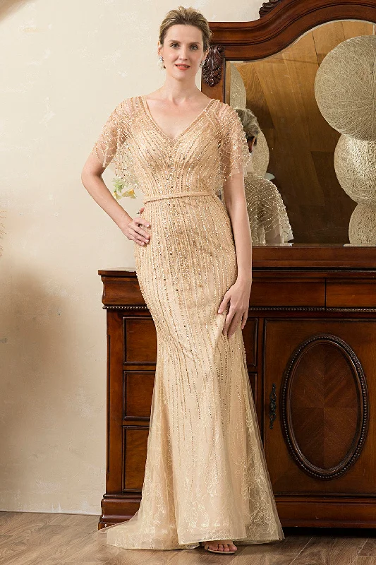 Cocktail dresses with a tassel - adorned belt and a sheath styleBeading V-neck Glitter Mermaid Mother of Bride Dress Cocktail dresses with a tassel - adorned belt and a sheath styleBeading V-neck Glitter Mermaid Mother of Bride Dress