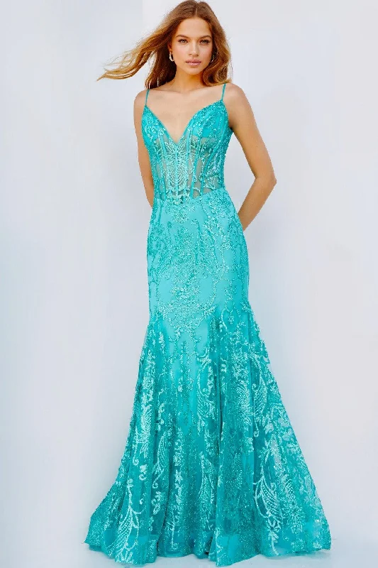 Wedding guest dresses with pom - pom trims for a playful lookJovani 22388 Long Spaghetti Strap Lace Mermaid Prom Gown Wedding guest dresses with pom - pom trims for a playful lookJovani 22388 Long Spaghetti Strap Lace Mermaid Prom Gown