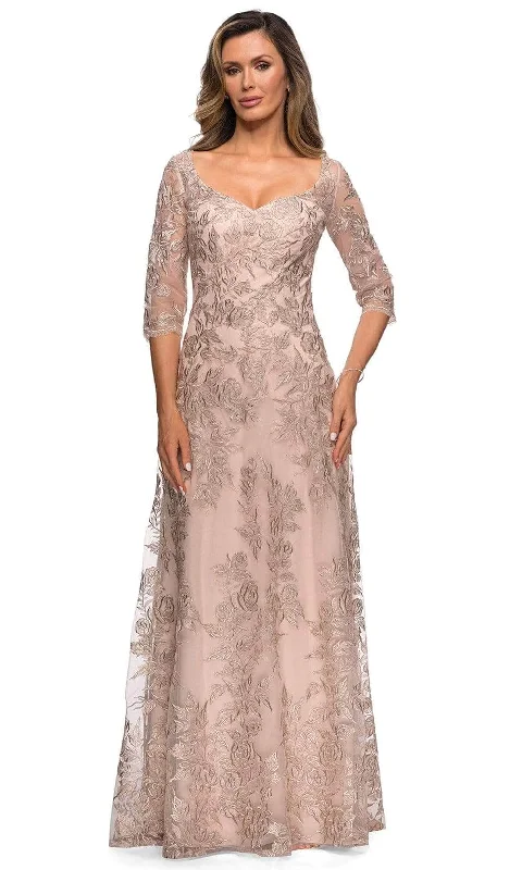Formal dresses with fringe - trimmed sleeves and wrap - around styles for a bohemian - inspired formal eventLa Femme 28053SC - Illusion Sleeve Lace Formal Dress Formal dresses with fringe - trimmed sleeves and wrap - around styles for a bohemian - inspired formal eventLa Femme 28053SC - Illusion Sleeve Lace Formal Dress