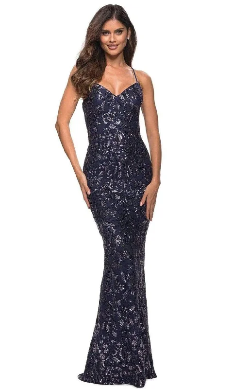 Formal dresses with halter necks and lace - up backs for a stylish promLa Femme - 30150 Sequined V Neck Open Back Dress Formal dresses with halter necks and lace - up backs for a stylish promLa Femme - 30150 Sequined V Neck Open Back Dress
