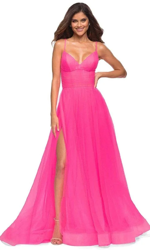 Prom dresses with metallic - colored fabrics and beaded embroidery for a glamorous promLa Femme - 30472 High Waisted A-line Tulle Gown Prom dresses with metallic - colored fabrics and beaded embroidery for a glamorous promLa Femme - 30472 High Waisted A-line Tulle Gown