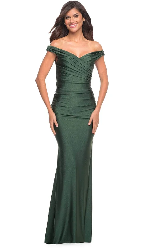 Formal dresses with geometric patterns and metallic accents for a modern formal affairLa Femme 30631SC - Ruched Off Shoulder Evening Gown Formal dresses with geometric patterns and metallic accents for a modern formal affairLa Femme 30631SC - Ruched Off Shoulder Evening Gown