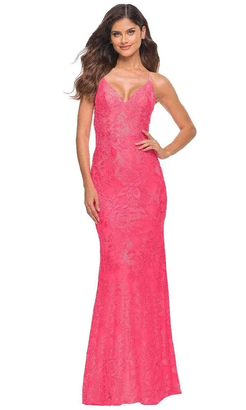 Prom dresses with side - slit skirts and beaded fringes for a glamorous appearanceLa Femme - 30684 V Neck Floral Lace Long Gown Prom dresses with side - slit skirts and beaded fringes for a glamorous appearanceLa Femme - 30684 V Neck Floral Lace Long Gown