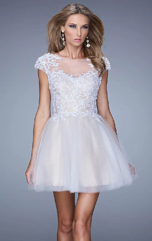 Mini cocktail dresses with a cold - shoulder ruffled sleeveLa Femme - Cap Sleeve Appliqued Illusion Bateau A-line Dress 20781SC Mini cocktail dresses with a cold - shoulder ruffled sleeveLa Femme - Cap Sleeve Appliqued Illusion Bateau A-line Dress 20781SC