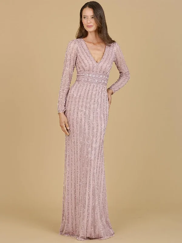 Maxi wedding guest dresses with floral prints for summer weddingsLara Dresses 29203 Long Sleeve Beaded Evening Gown