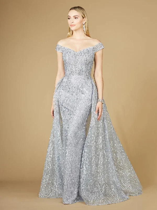 Midi wedding guest dresses in navy blue for a formal affairLara Dresses 29205 Long Off Shoulder Overskirt Prom Dress