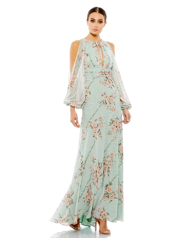 Wedding guest dresses with high - low hems and floral appliquesMac Duggal 55391 Long Formal Floral Chiffon Prom Dress Wedding guest dresses with high - low hems and floral appliquesMac Duggal 55391 Long Formal Floral Chiffon Prom Dress