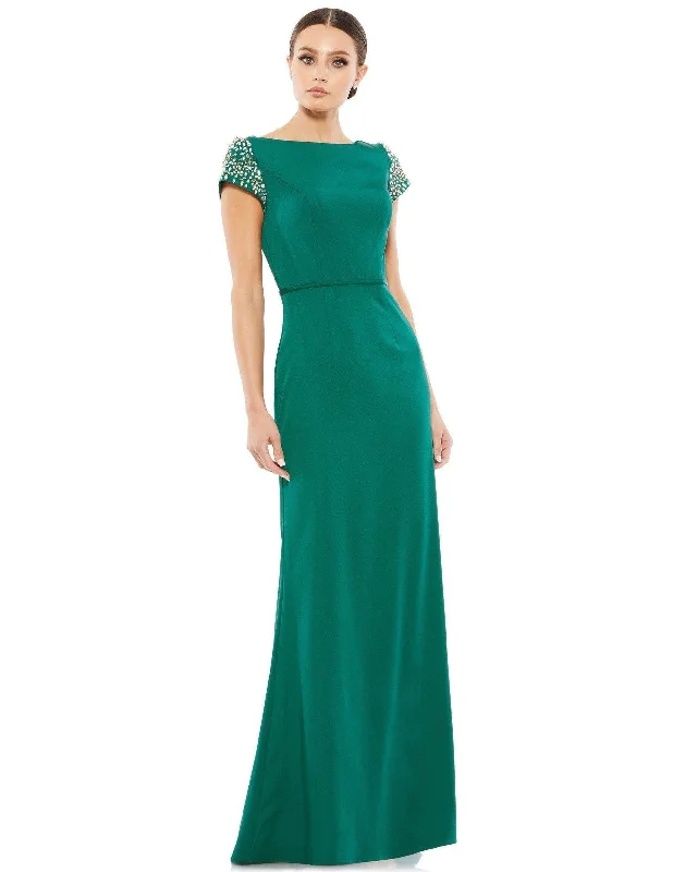 Wedding guest dresses with cold - shoulder ruffled sleeves and knee - length hemsMac Duggal 55718 Long Mother of the Bride Dress Sale
