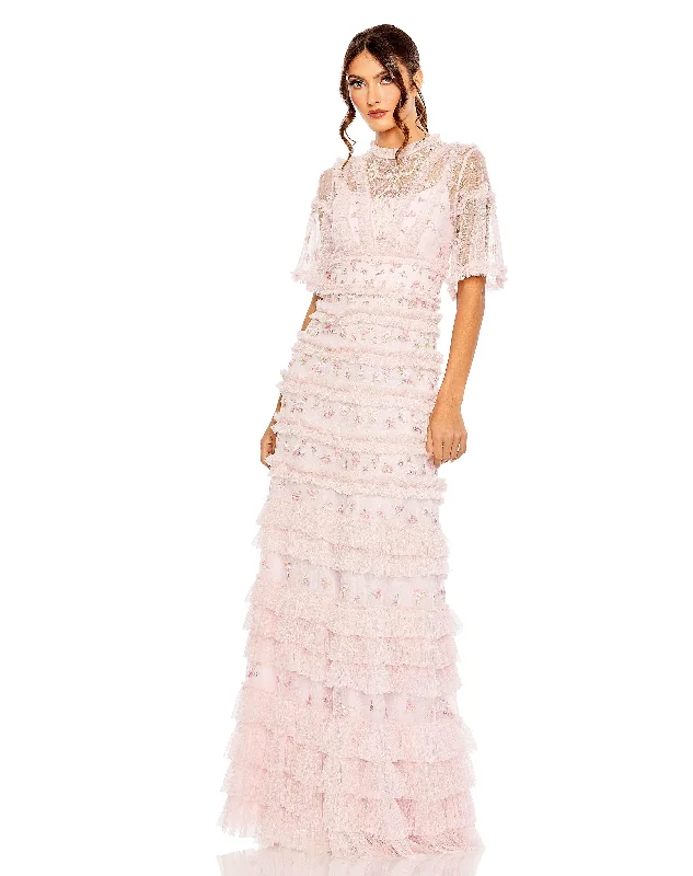Polka - dot - printed wedding guest dresses with short sleevesMac Duggal 8033 Long Formal Ruffle Dress Polka - dot - printed wedding guest dresses with short sleevesMac Duggal 8033 Long Formal Ruffle Dress