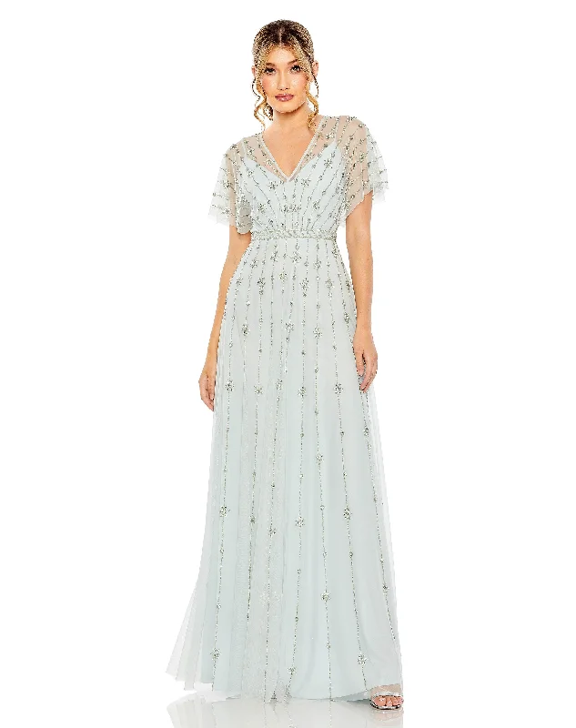 Wedding guest dresses with pom - pom trims for a playful lookMac Duggal 9223 Long Formal Beaded Short Sleeve Dress Wedding guest dresses with pom - pom trims for a playful lookMac Duggal 9223 Long Formal Beaded Short Sleeve Dress