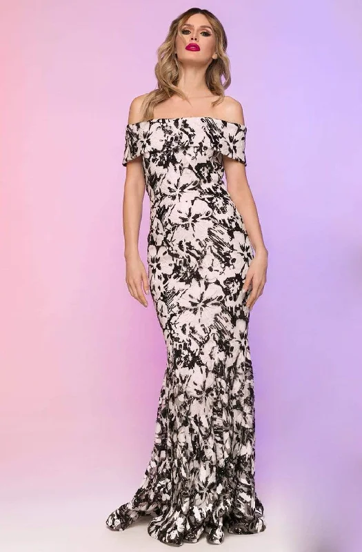 Formal dresses with abstract print panels and rhinestone embellishments for a unique formal eventNicole Bakti - 6759R Floral Detailed Off-Shoulder Trumpet Dress Formal dresses with abstract print panels and rhinestone embellishments for a unique formal eventNicole Bakti - 6759R Floral Detailed Off-Shoulder Trumpet Dress