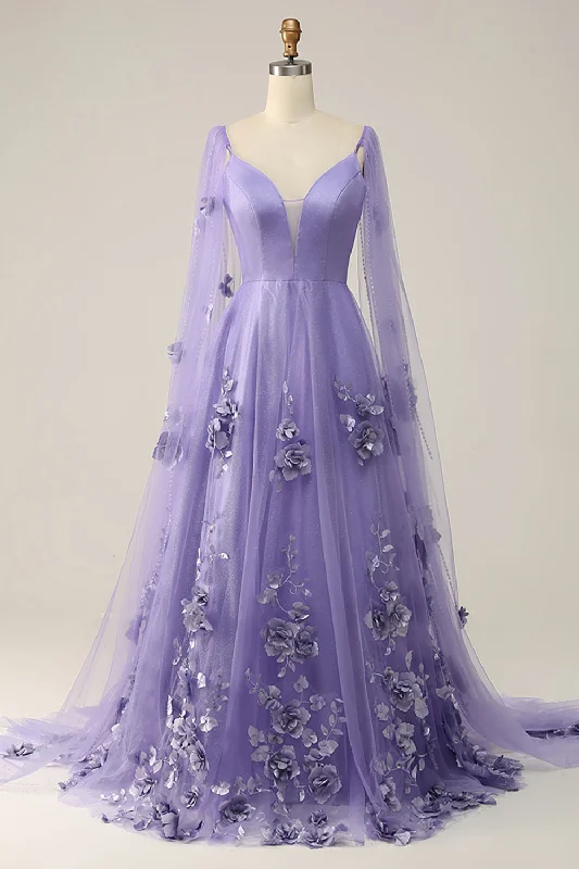 Animal - print cocktail dresses with a V - neck for a fierce lookPurple Watteau Train Prom Dress With 3D Flowers Animal - print cocktail dresses with a V - neck for a fierce lookPurple Watteau Train Prom Dress With 3D Flowers