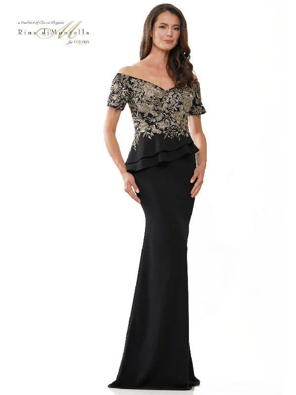 Long - sleeved wedding guest dresses in velvet for a winter weddingRina di Montella RD2918 Long Off Shoulder Mermaid Formal Gown