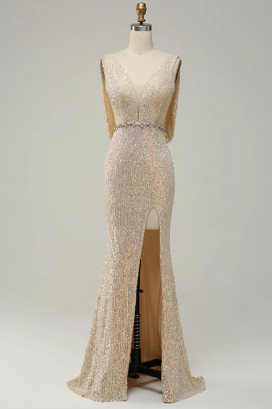 Cocktail dresses with a patchwork pattern and a mid - thigh lengthSheath Deep V Neck Champagne Sequins Long Prom Dress with Split Front Cocktail dresses with a patchwork pattern and a mid - thigh lengthSheath Deep V Neck Champagne Sequins Long Prom Dress with Split Front