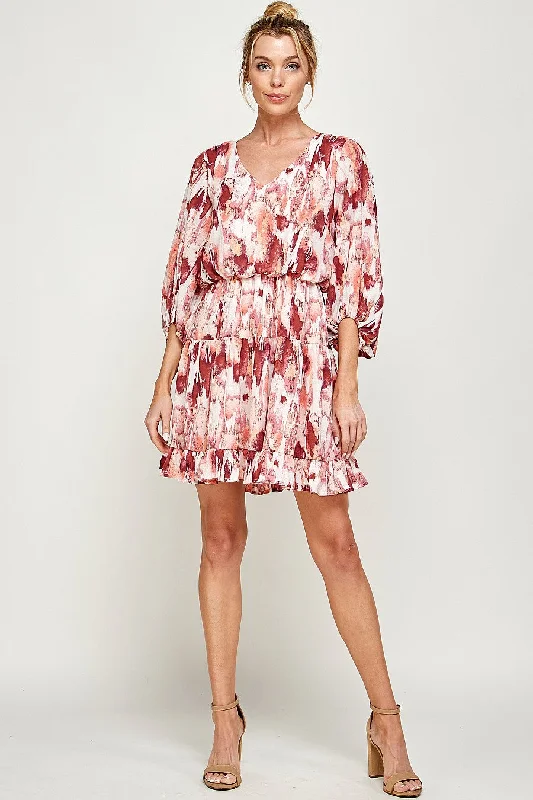Cocktail dresses with a wrap - front style and a long - length optionShort 3/4 Sleeve V Neck Printed Dress