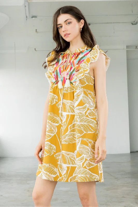 Cocktail dresses with a tassel - adorned belt and a sheath styleShort Embroidered Ruffle Leaf Dress Cocktail dresses with a tassel - adorned belt and a sheath styleShort Embroidered Ruffle Leaf Dress
