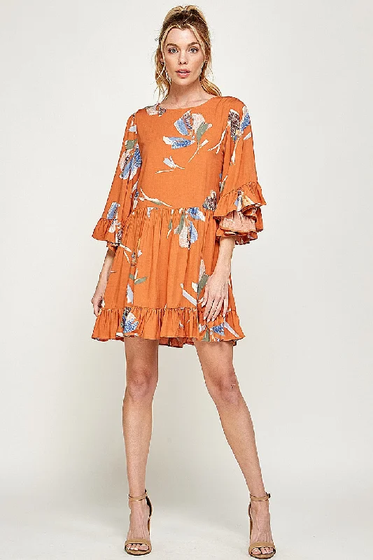 Cocktail dresses with a metallic - embroidered pattern and a midi - hemShort Printed Ruffled Dress