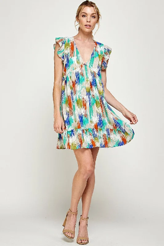 Cocktail dresses with an abstract print and a high - low hemlineShort Sleeveless Brushed Print Ruffled Dress Cocktail dresses with an abstract print and a high - low hemlineShort Sleeveless Brushed Print Ruffled Dress