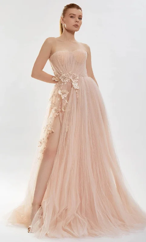 A - line formal dresses with beaded lace appliques for formal eventsTarik Ediz 52149 - Three Dimensional Floral Strapless Gown A - line formal dresses with beaded lace appliques for formal eventsTarik Ediz 52149 - Three Dimensional Floral Strapless Gown