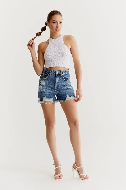 Twill Women Shorts with a Smooth Texture and DurabilityNaomi High Waist 5 Pocket Shorts Dark Blue destroyed Twill Women Shorts with a Smooth Texture and DurabilityNaomi High Waist 5 Pocket Shorts Dark Blue destroyed