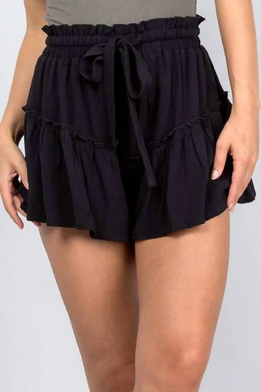 Elastic Waist Women Shorts for Easy Wear and ComfortRuffle Tie Shorts In Black