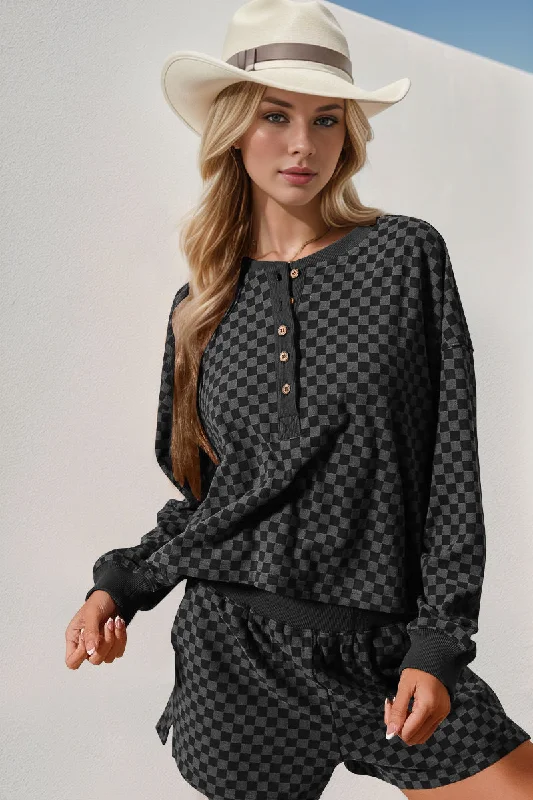 Plus - Size Bodysuits with a Comfortable and Flattering FitCheckered Half Button Top and Shorts Set Plus - Size Bodysuits with a Comfortable and Flattering FitCheckered Half Button Top and Shorts Set